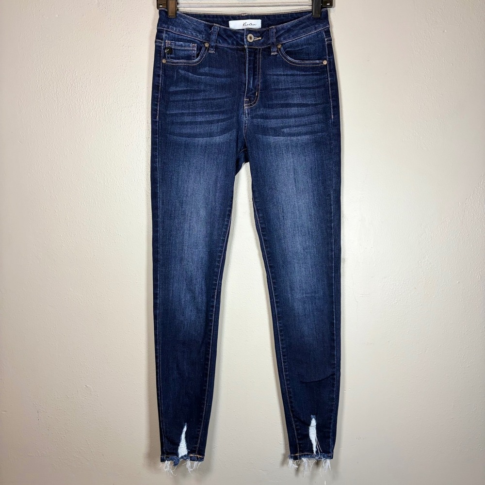 KanCan Womens Dark Wash High Rise Skinny Jeans Raw Frayed Hem Distressed Ankle